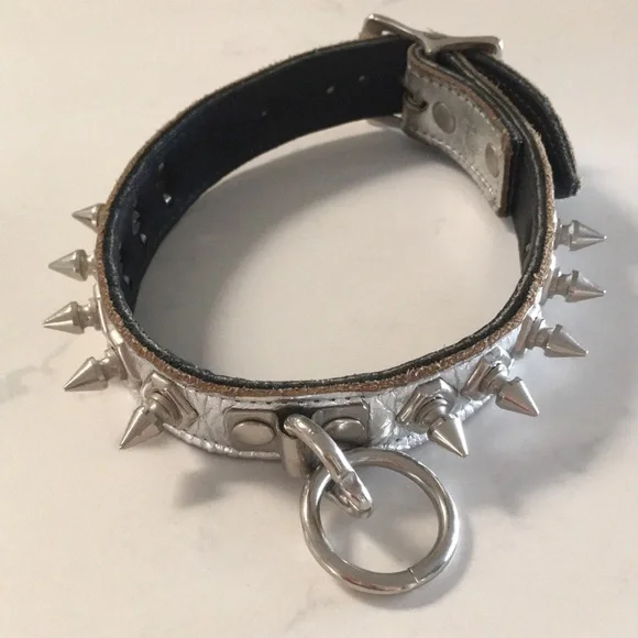 Silver spiked leather lead collar costume Fetish Halloween GoGo Dancer - Picture 1 of 12
